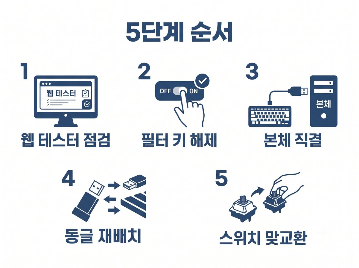 웹 테스터 점검 필터 키 해제 본체 직결 동글 재배치 스위치 맞교환 5단계 순서