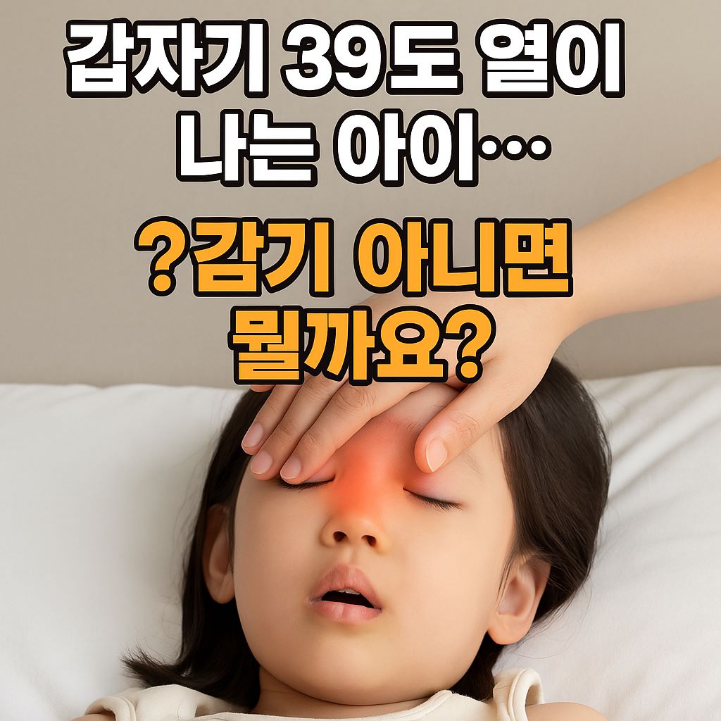 열이 나는 아이 이마에 손을 얹고 있는 장면, 감기 아닌 고열의 원인을 묻는 텍스트 포함