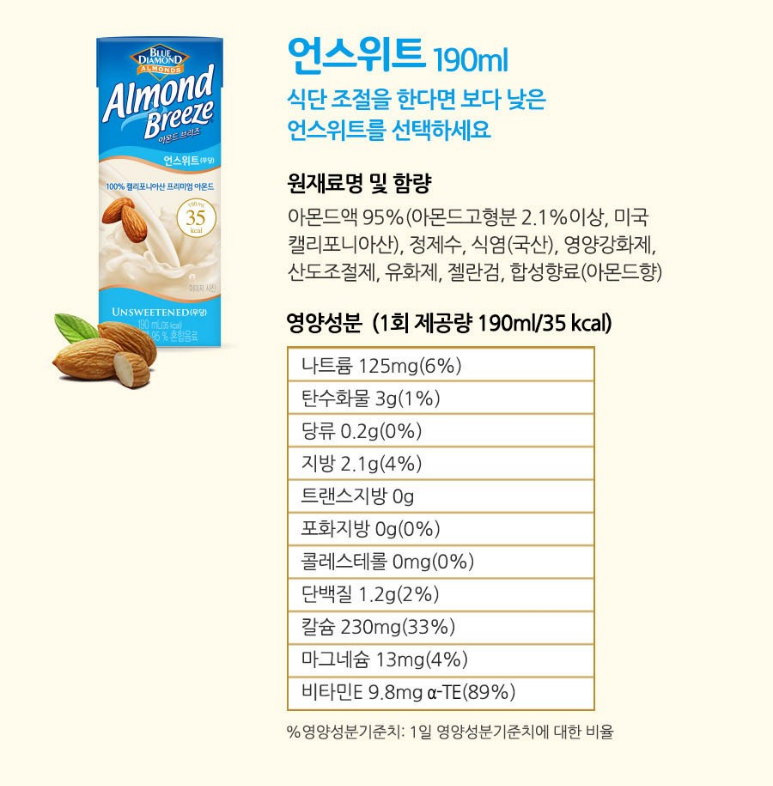 아몬드 브리즈 언스위트 영양성분표