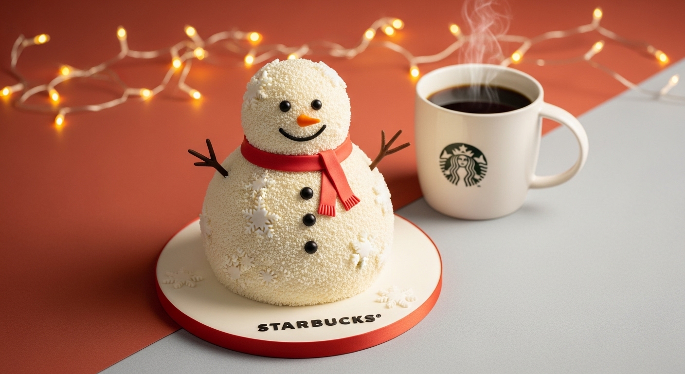 스타벅스 로고가 세겨져 있는 머그컵에 따뜻한 커피가 담겨져 있고, 스타벅스 로고가 세겨져있는 케이크 받침대에 눈사람 모양의 먹음직스런 케익이 전시되어 있는 모습.