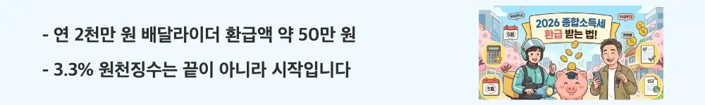 배달라이더 종합소득세 신고: ’연 2천만 원 배달라이더 환급액 약 50만 원 / 3.3% 원천징수는 끝이 아니라 시작입니다'라는 문구가 포함된 웹배너 이미지. 이 이미지는 배달라이더의 3.3% 원천징수와 종합소득세 신고 시 환급 가능 금액 정보를 시각적으로 전달하며, 블로그의 배달라이더 종합소득세 신고 필요성과 관련된 내용을 설명함