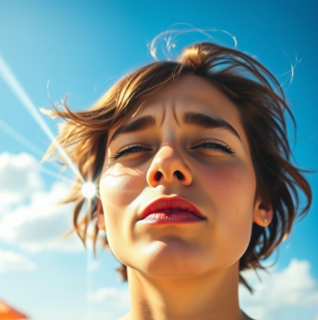 강한 햇빛에 불편해 하는 여성 사진