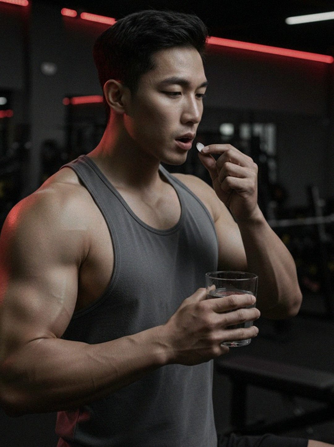 Korean Asian man 40s taking supplement after dinner at home