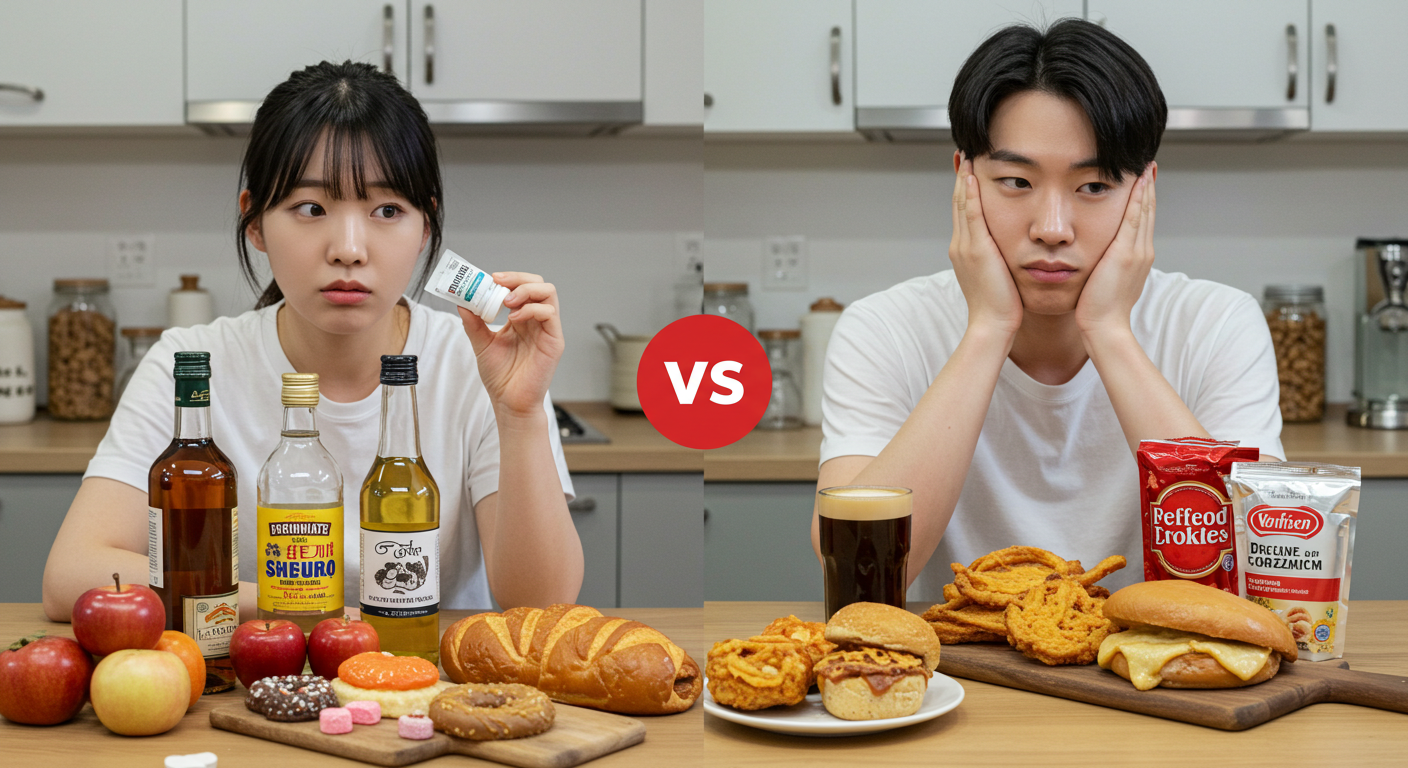 유산균과 함께 피해야 할 음식들을 확인하는 모습