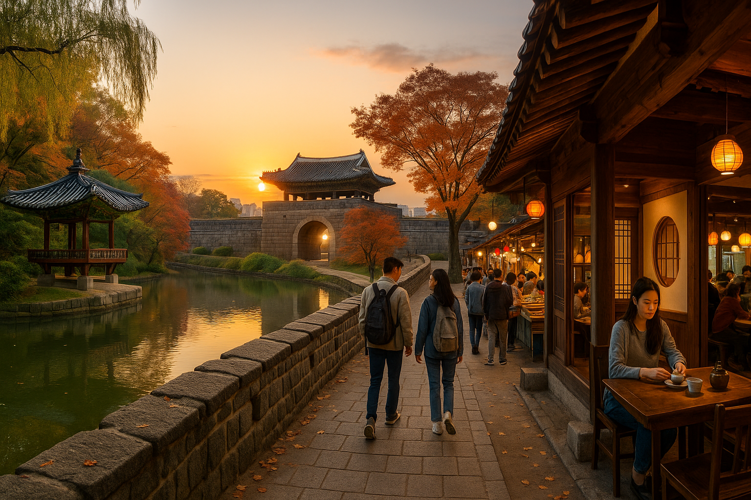 일몰의 황금빛이 비치는 창덕궁 후원의 잔잔한 연못과 주합루, 수원 화성 화홍문을 배경으로 연인들이 성곽길을 거닐며 전통 찻집과 야시장의 따스한 등불이 어우러진 풍경