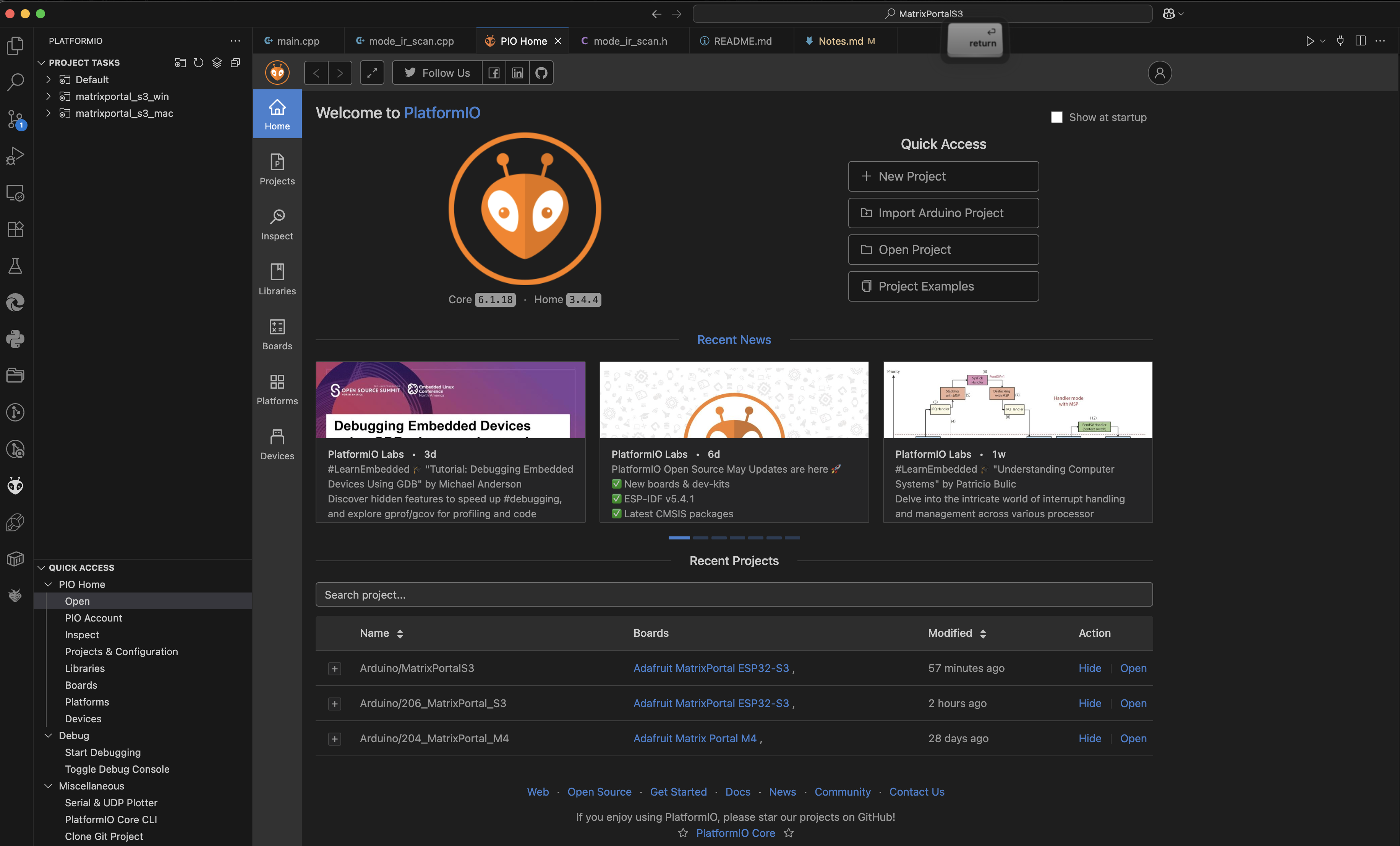 Visual Studio Code 확장으로 PlatformIO를 설치한 후 프로젝트를 생성 및 연동 화면