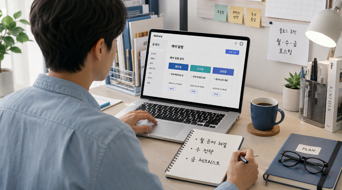 티스토리 블로그 월수금 포스팅 일정표와 예약 발행 화면을 점검하는 장면
