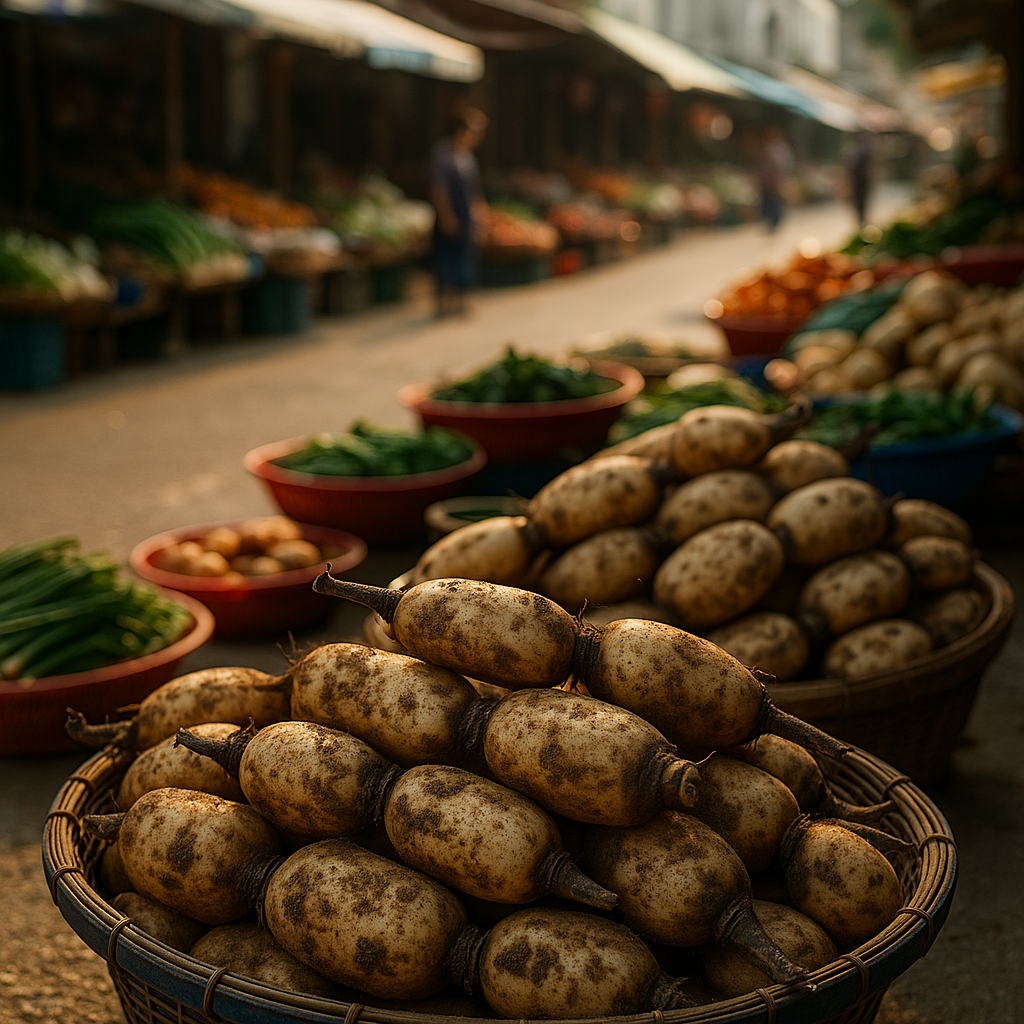 시장 좌판에 흙 묻은 연근이 바구니 가득 쌓인 장면
