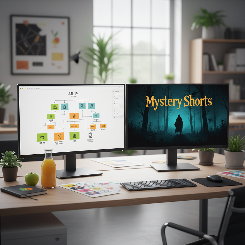 듀얼 모니터에 띄워진 AI 생성 과일 주스 인포그래픽과 쇼츠 썸네일 디자인 시안이 있는 사무실 작업 환경