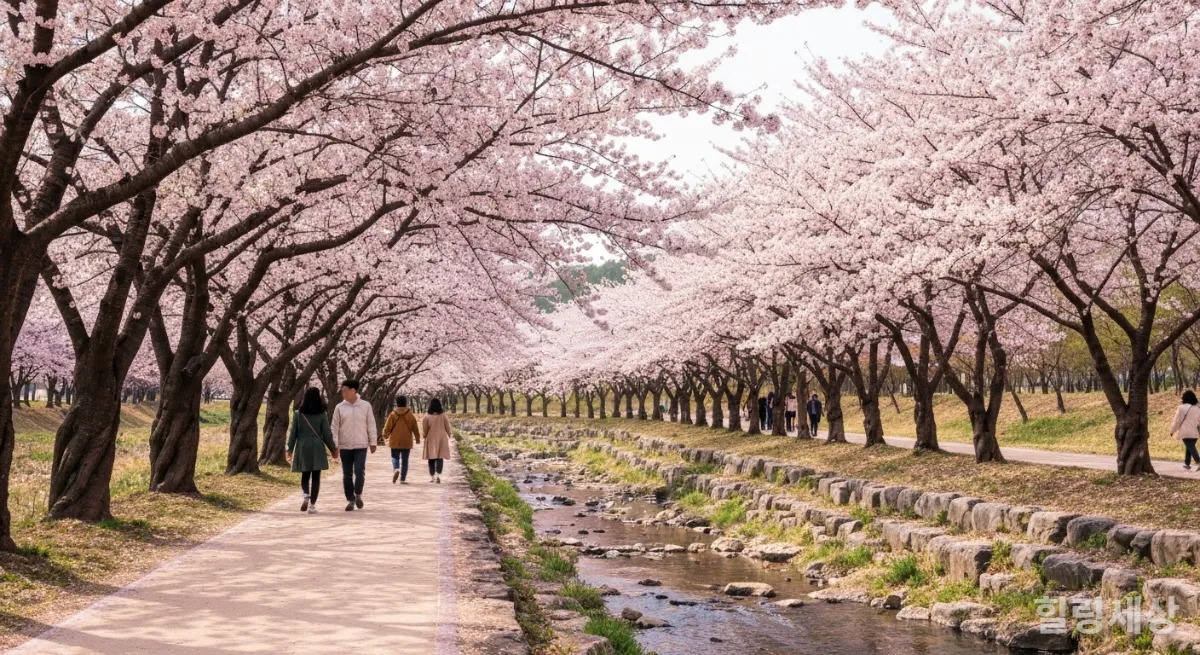 한적한 시골길을 따라 길게 이어진 벚꽃 터널과 평화로운 풍경