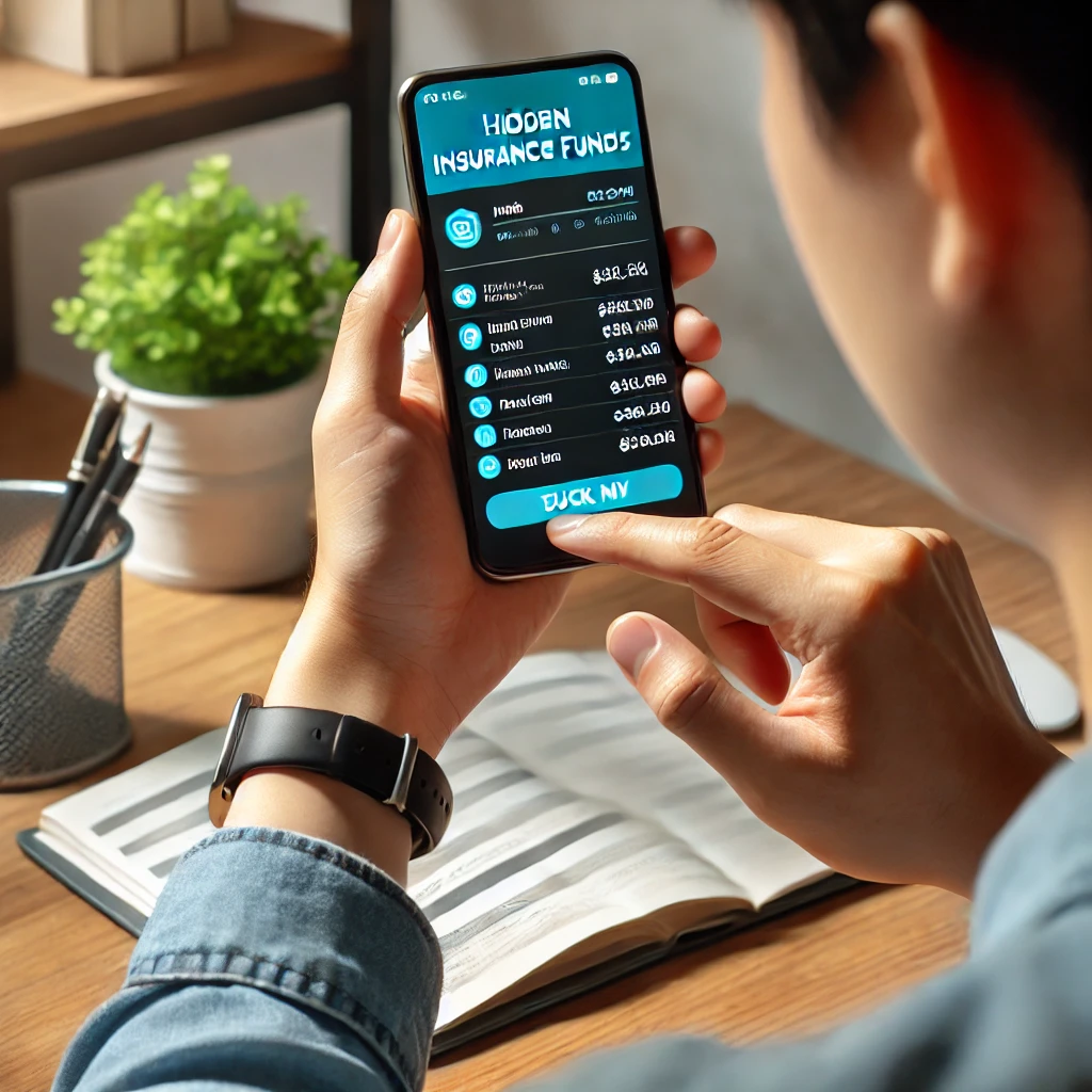 사무실 환경에서 스마트폰 앱을 사용해 숨은 보험금을 확인 중인 한국 남성, 휴대폰 화면에 재정 앱 인터페이스가 표시된 모습