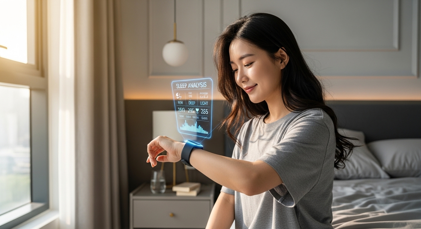 , looking at her smart band on her wrist with a smile, displaying sleep analysis data on a holographic screen