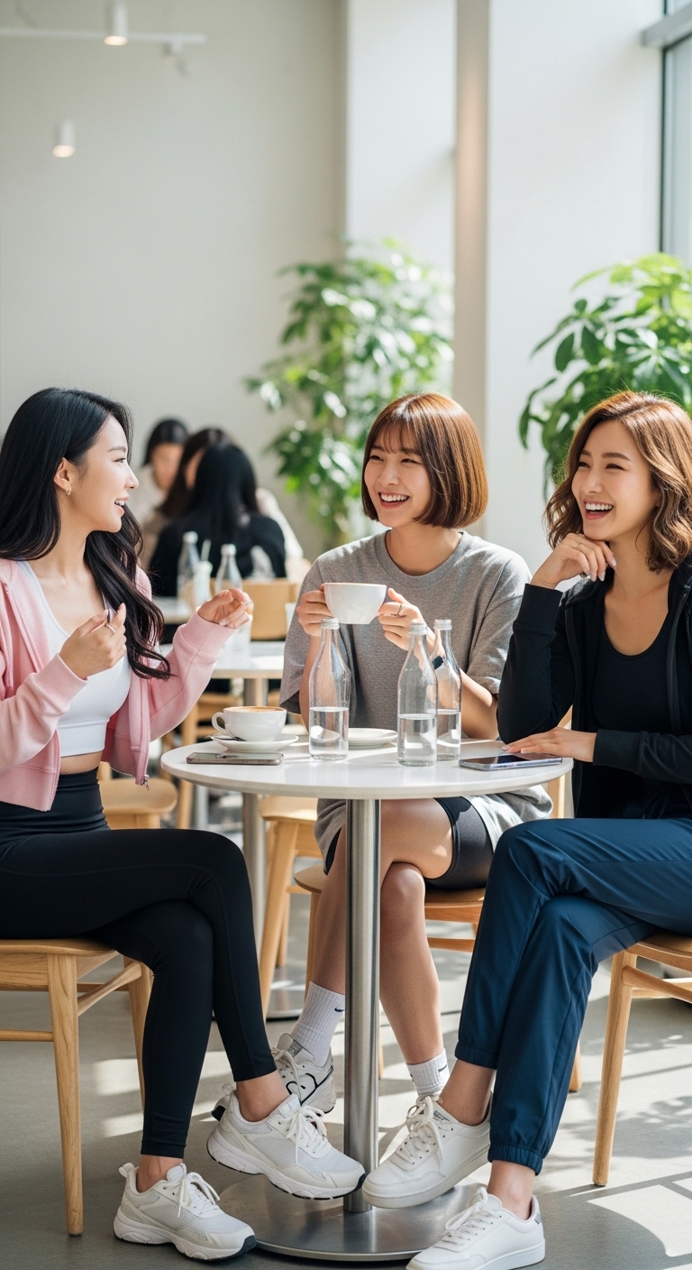 운동 후 카페에서 친구들과 즐겁게 이야기하는 애슬레저 룩 코디들