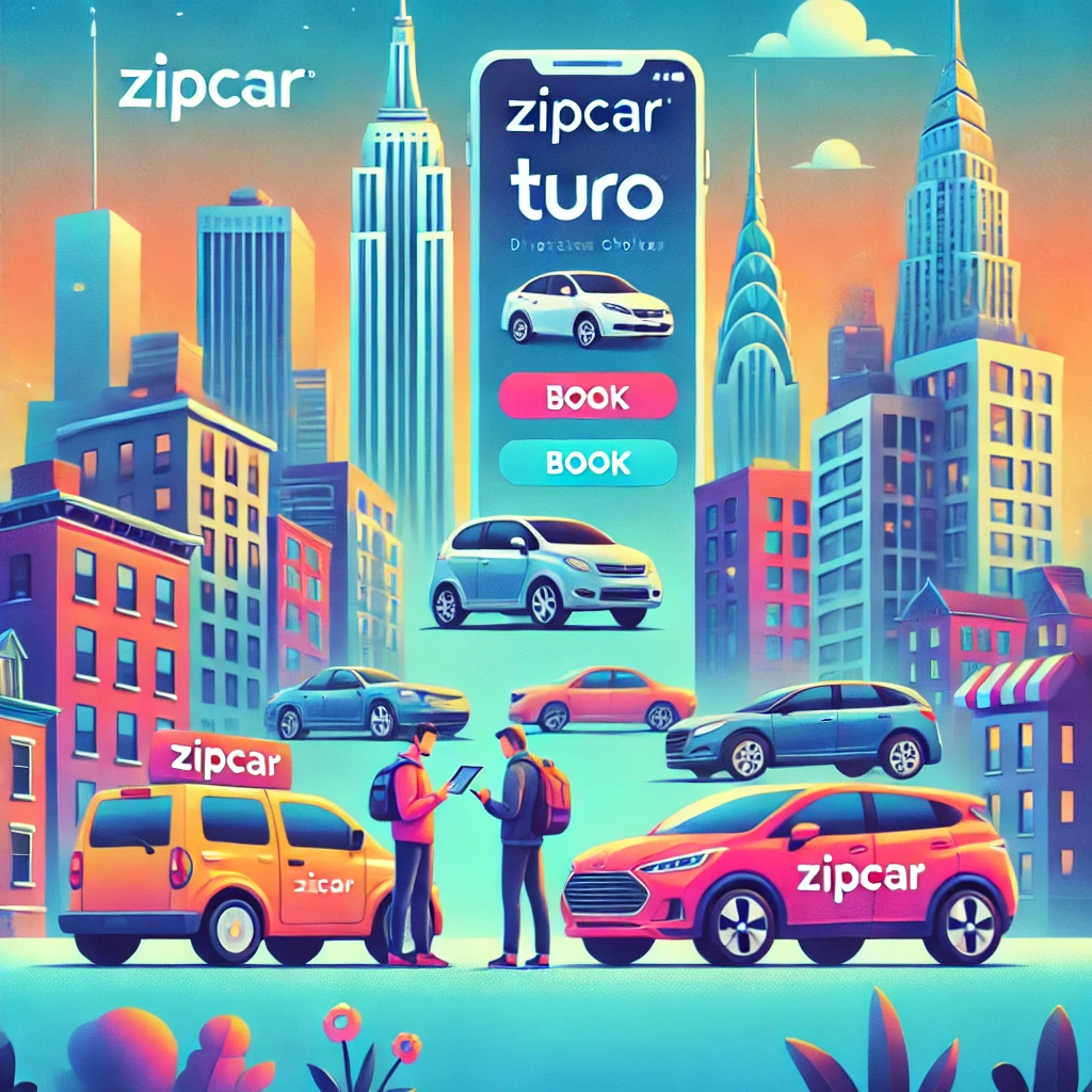 미국의 활기찬 도심에서 Zipcar와 Turo 차량이 전시된 장면. 사용자들이 다양한 차량 선택지를 제공하는 앱을 통해 차량을 예약하는 모습이 강조됨