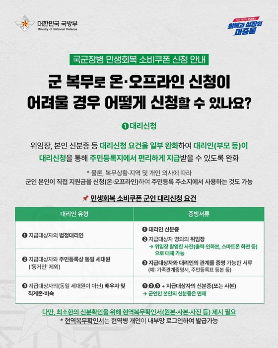 충성! 국군장병 여러분들 &amp;#39;민생회복 소비쿠폰&amp;#39; 신청하세요.
