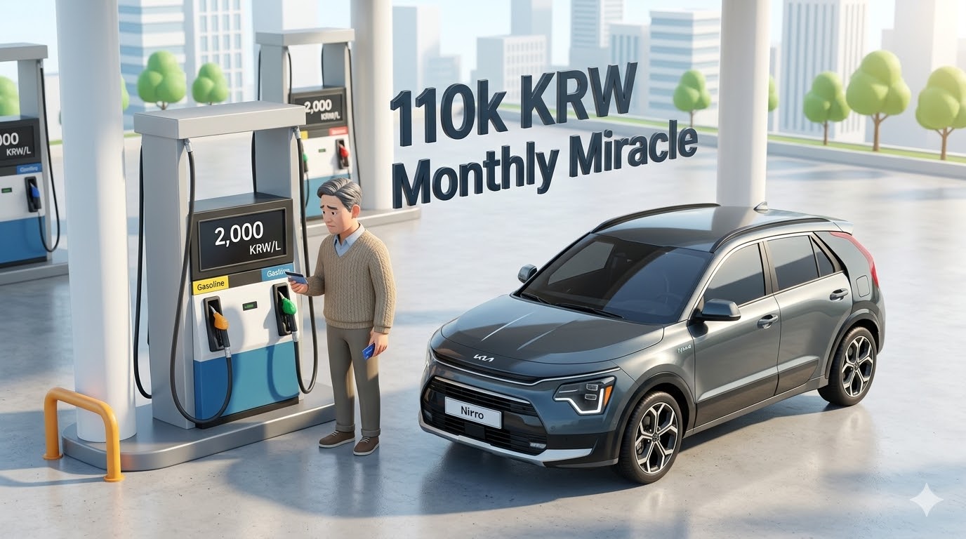 리터당 2,000원이 찍힌 주유기 앞에 서서 한숨 쉬는 아빠와, 그 뒤로 눈부시게 등장하는 '더 뉴 니로'. 상단에는 '월 11만원의 기적'이라는 문구가 박힌 3D 일러스트