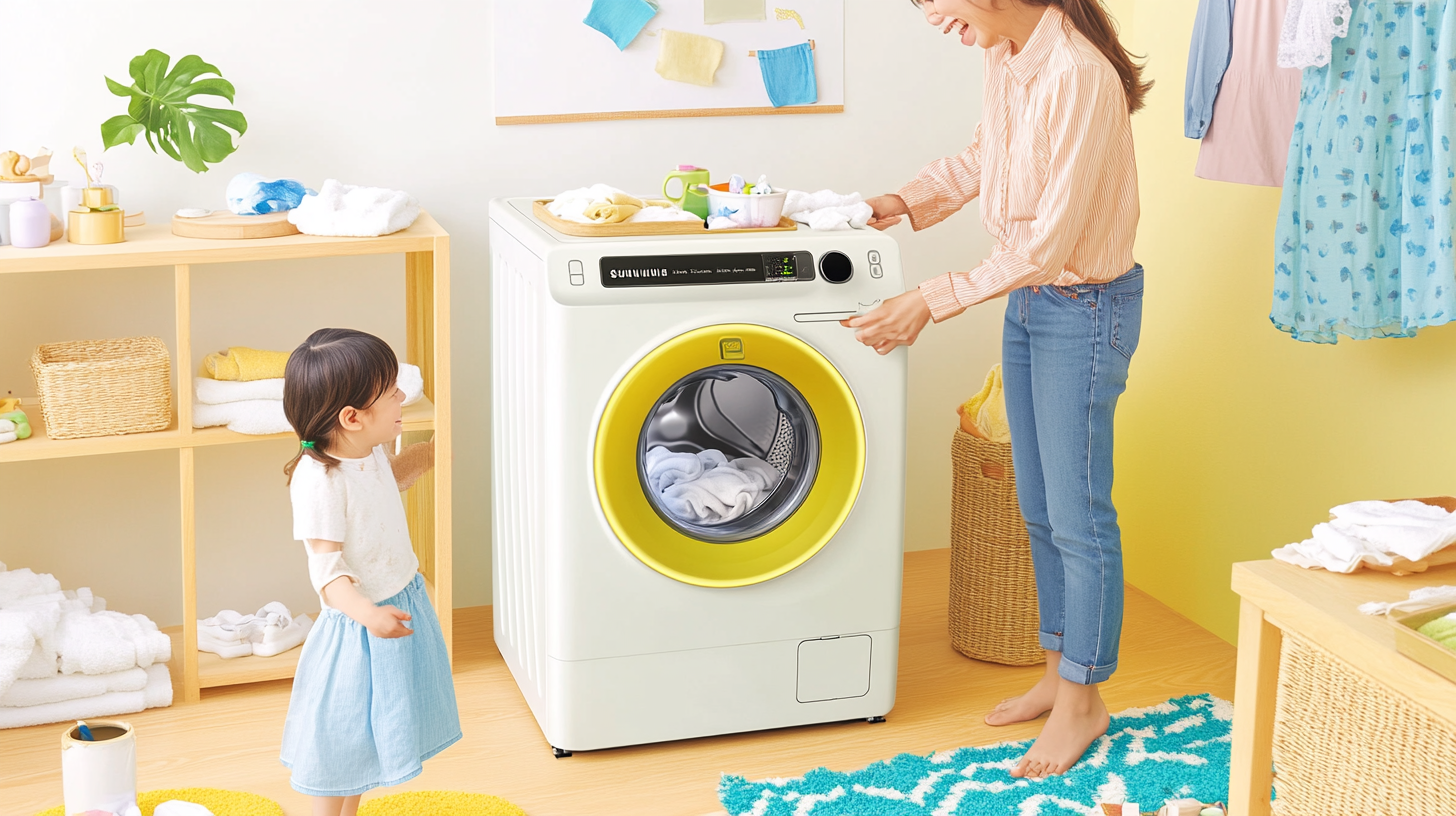 삼성 세탁기를 사용하며 빨래를 하는 만족스러운 가족, 에너지 효율성과 기술 발전을 강조합니다.