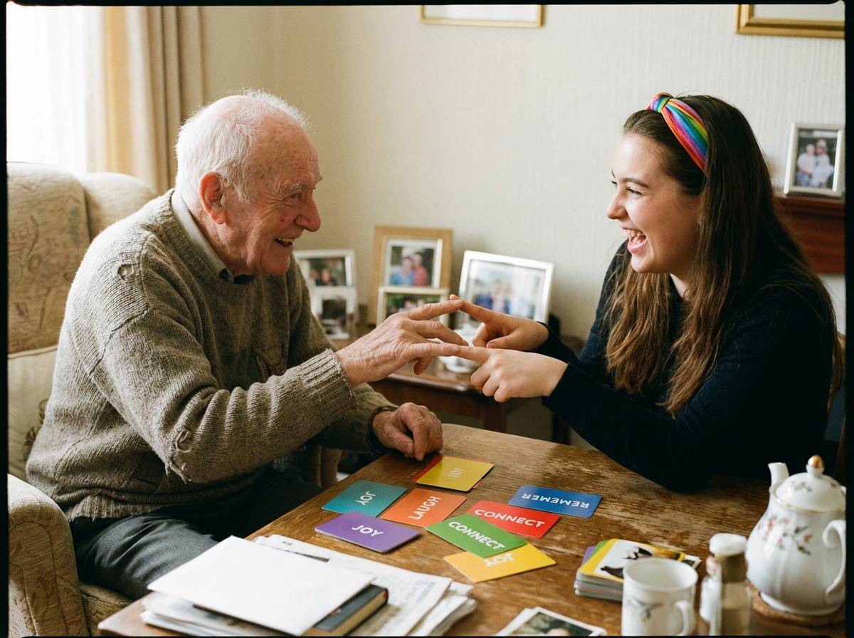 노인과 젊은이가 마주 앉아 밝은 표정으로 손가락 운동과 낱말 카드를 활용한 게임을 즐기는 따뜻한 분위기의 사진