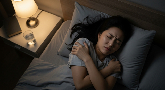 어깨를 움켜쥔 중년 여성