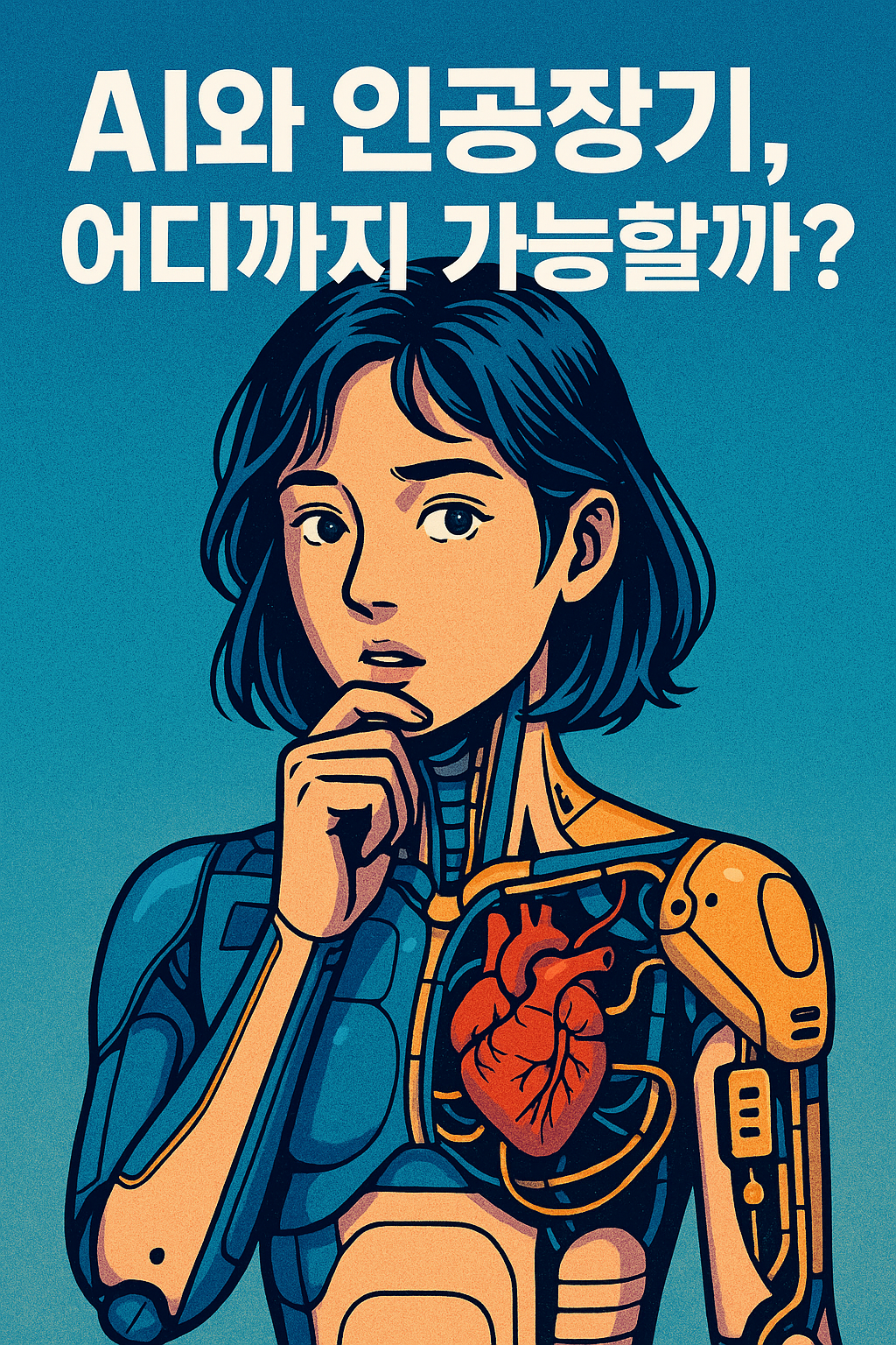사이버펑크 분위기의 여성 인물이 클로즈업으로 표현된 일러스트로, 한쪽은 인간적인 얼굴이고 다른 쪽은 기계 장치와 인공 장기로 연결된 모습이며, 네온빛 배경이 인공장기와 AI 융합의 미래적 이미지를 강조함.