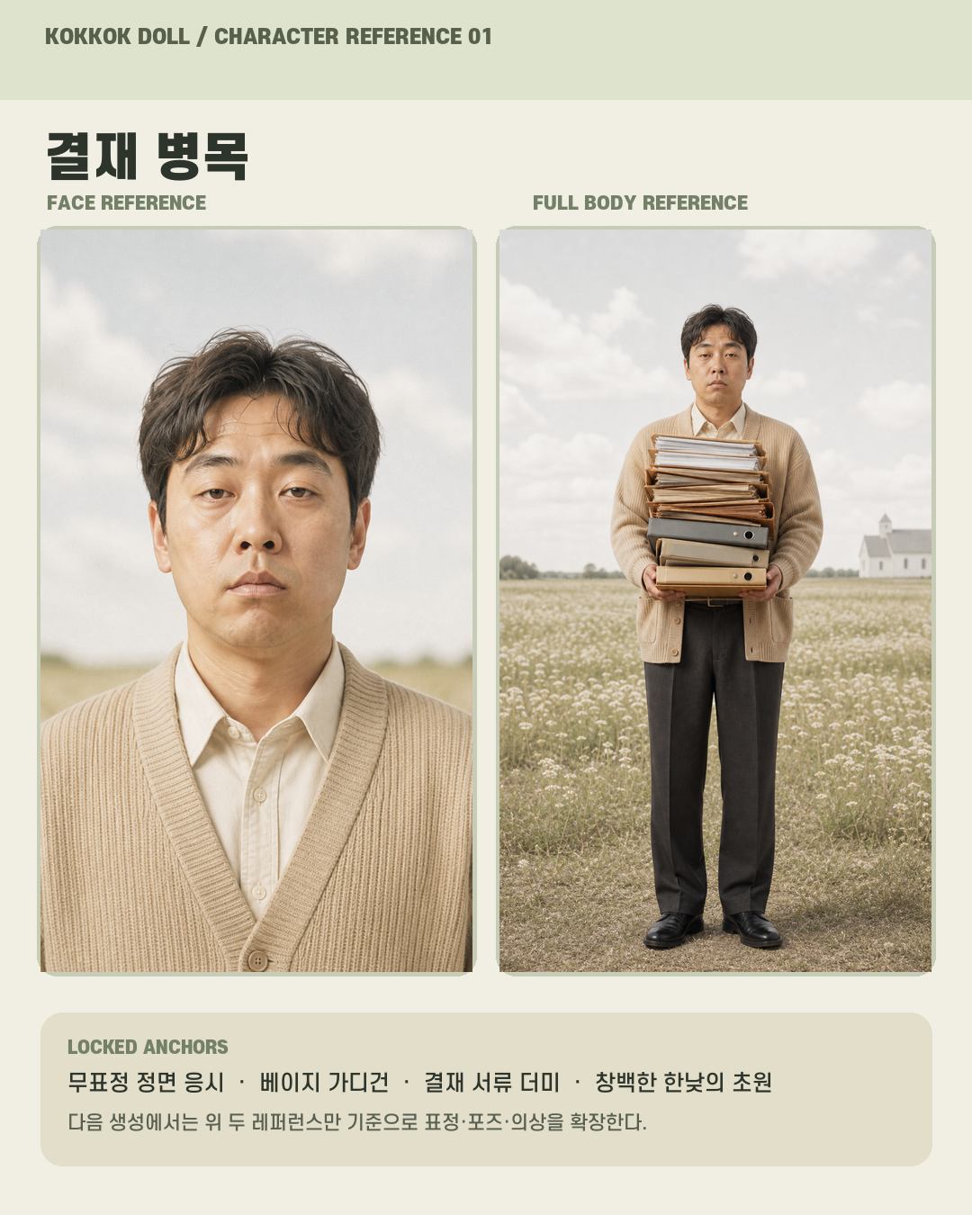 결재 병목 사람 버전의 얼굴과 전신 캐릭터 시트