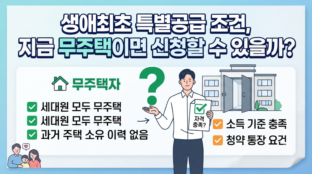 '생애최초 특별공급 조건, 지금 무주택이면 신청할 수 있을까?'라는 질문에 대한 답변을 담은 체크리스트 형식의 이미지