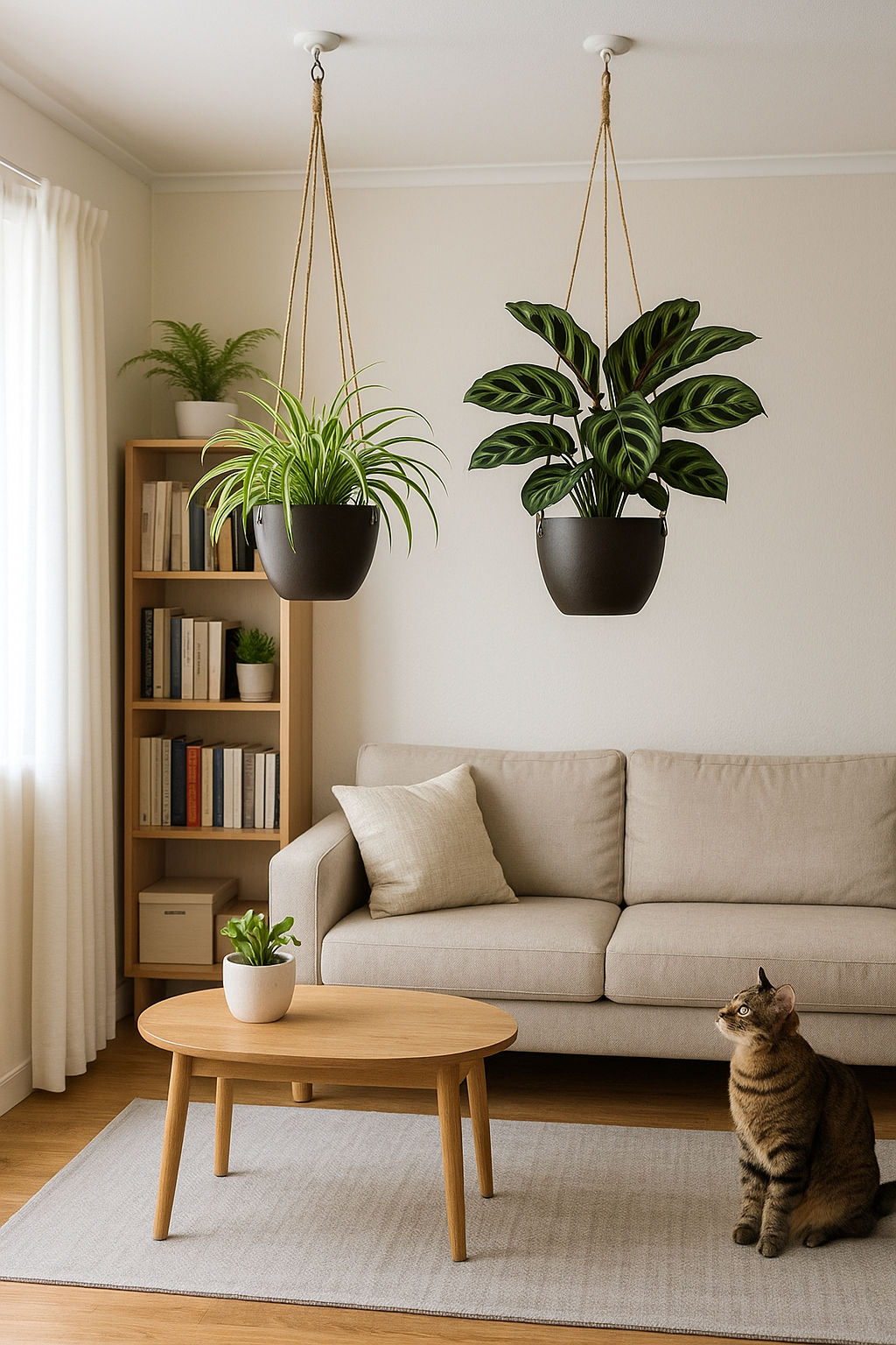 행잉플랜터와 높은 선반 위 비독성 식물을 배치해 고양이 접근 경로를 차단한 거실 모습