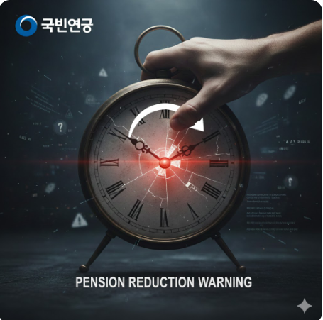 국민연금 로고와 시계를 거꾸로 돌리는 손 이미지 (감액 위험 강조