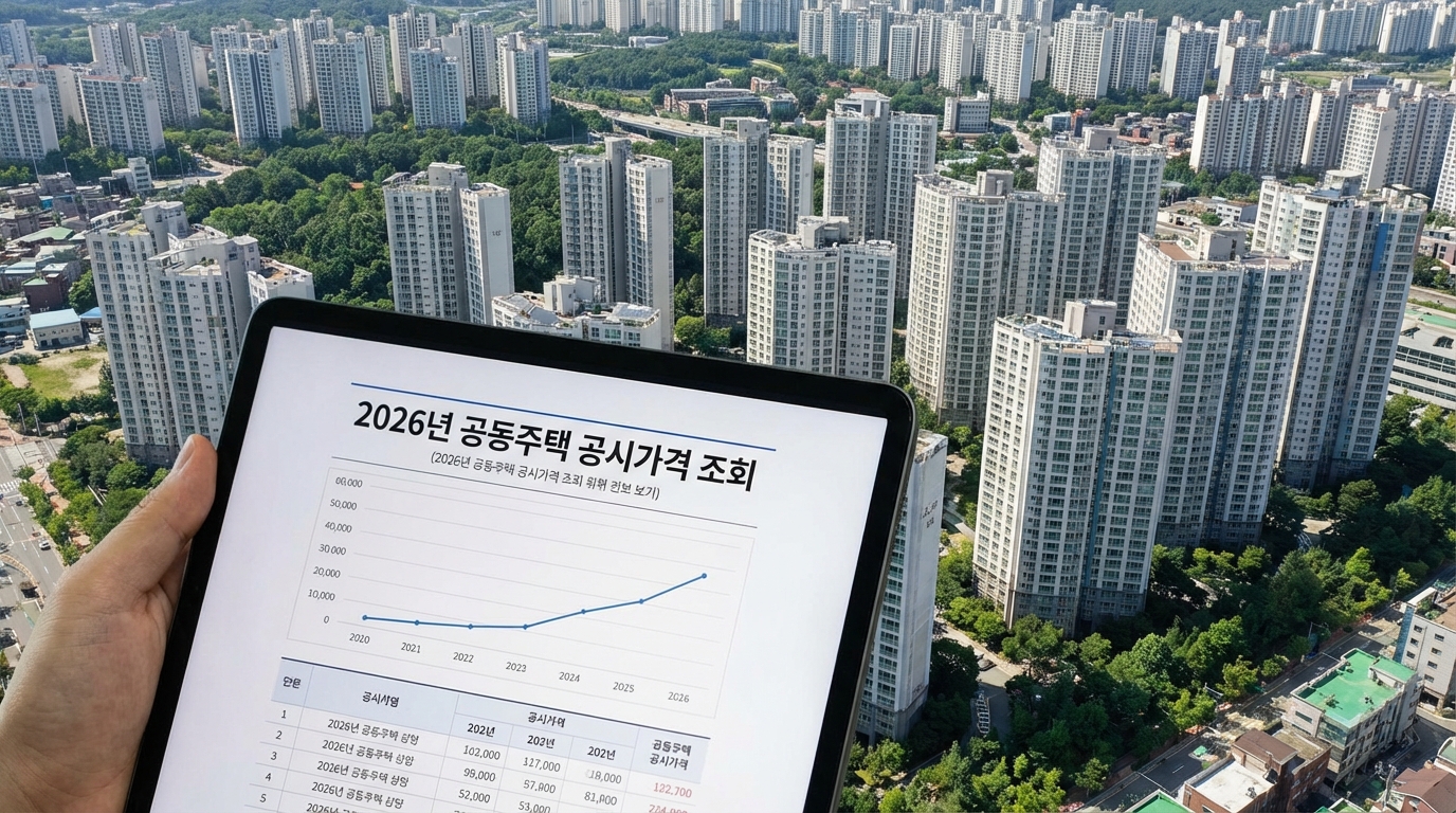 2026년 공동주택 공시가격을 확인하는 태블릿 화면과 한국 아파트 단지 전경
