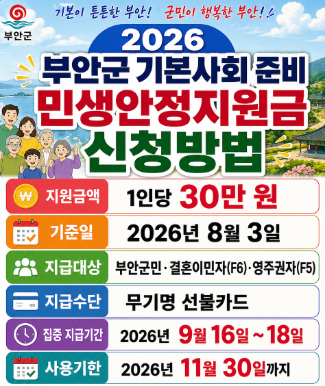 2026 부안군 기본사회 준비 민생안정지원금 신청방법 지원금액·신청기간·사용기한·사용처·결혼이민자·영주권자