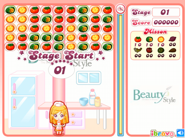 슈의-뷰티-스타일-쿠킹타임-과일-매치-퍼즐-플래시게임-시작-화면