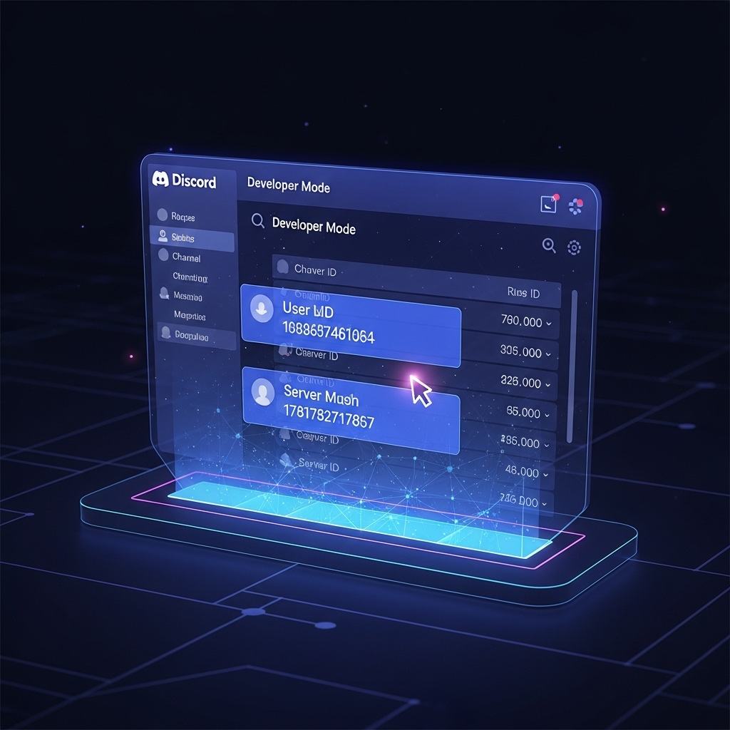 디스코드 개발자 모드 화면을 보여주는 깔끔한 일러스트. 어두운 배경 위 홀로그램 터미널에 사용자 및 서버 ID가 표시되어 숨겨진 정보 확인 기능을 나타냅니다.