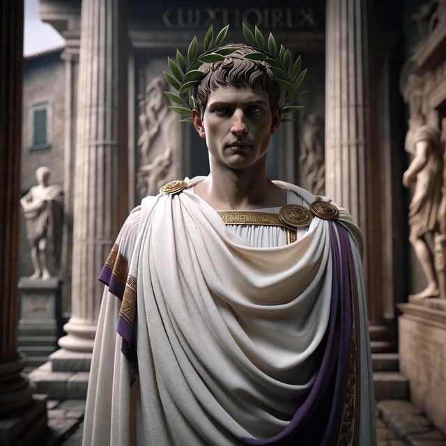 고대 로마 황제가 월계관을 쓰고 토가를 입은 채 연단에 서서 제국을 통치하는 권위를 표현한 이미지다.