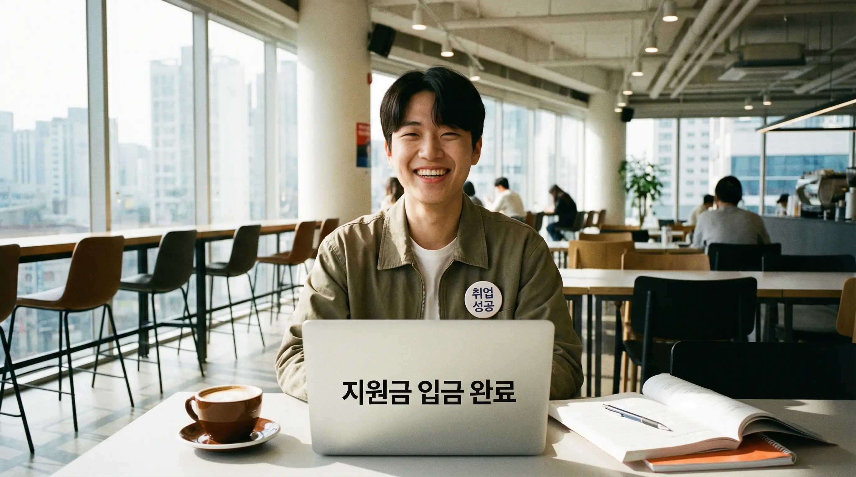 지원금을 받아 생활비 걱정 없이 취업 준비에 열중하는 청년의 자신감 넘치는 모습