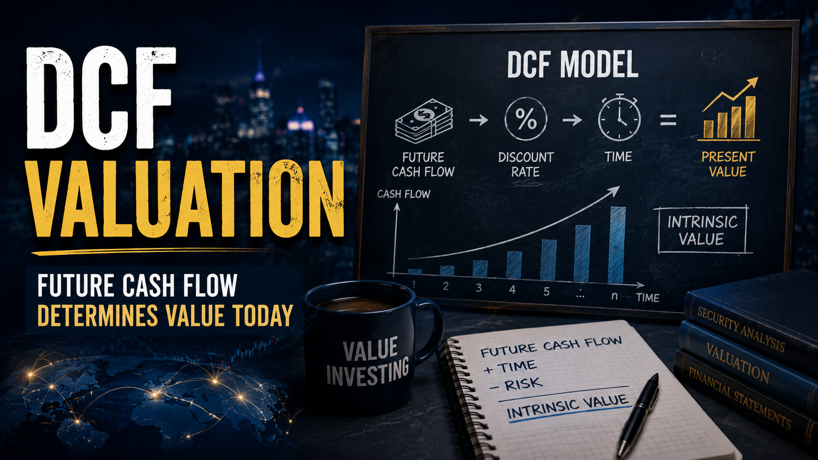 Diagram illustrating the Discounted Cash Flow (DCF) valuation method used to estimate intrinsic value from future cash flows.