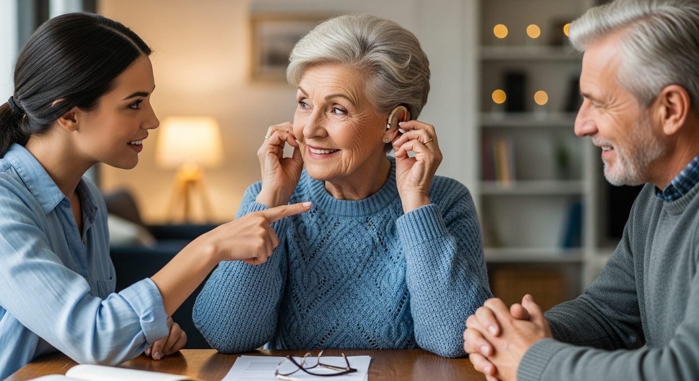  중년 여성이 고령 여성의 보청기 착용을 가리키며 대화하는 모습