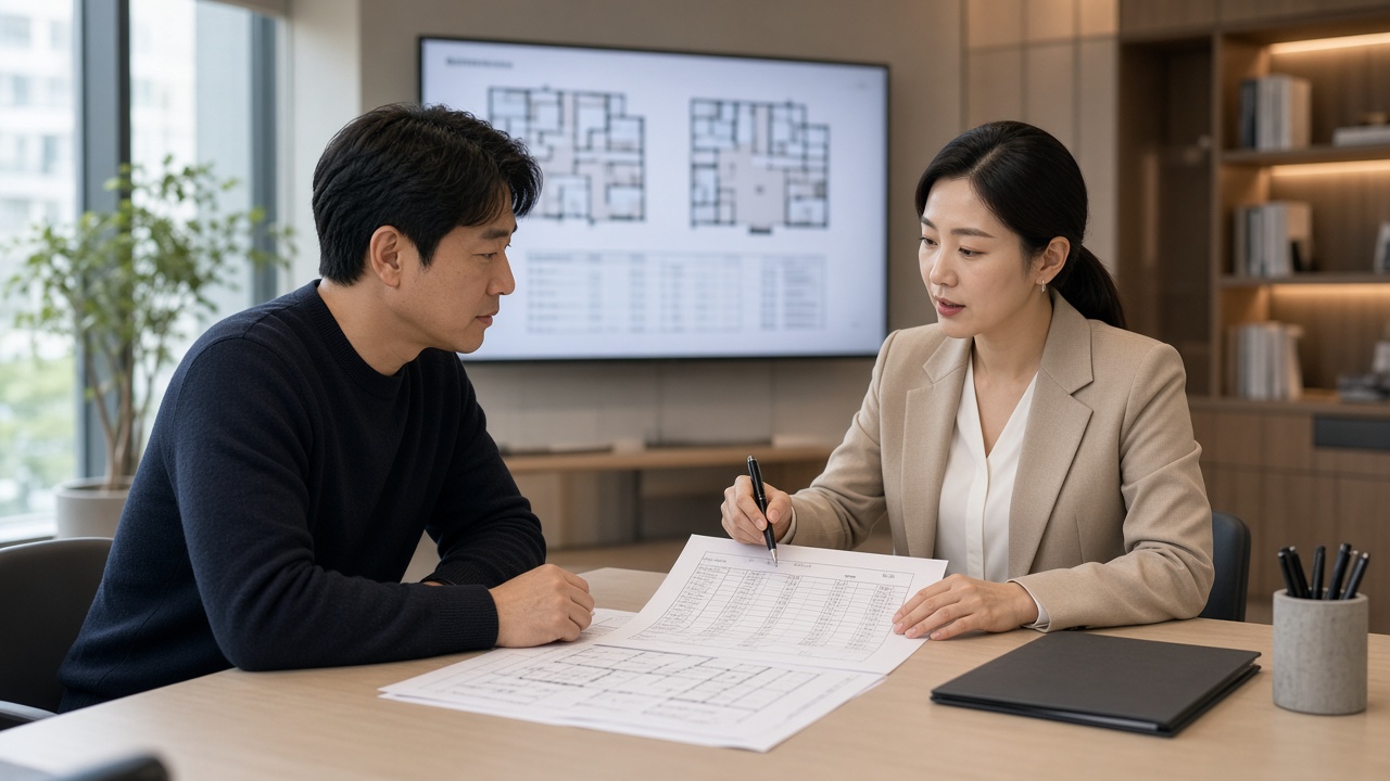 분양가 표를 대조하며 상담하는 한국 성인