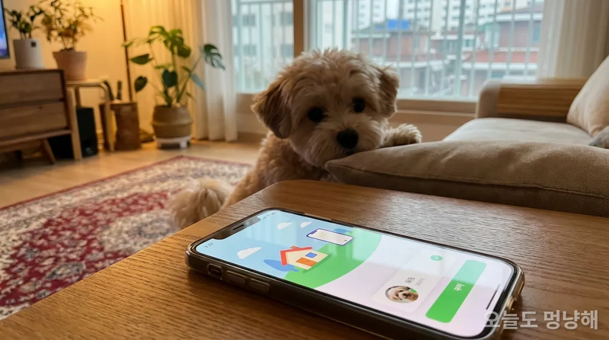 반려동물 등록 정보가 최신으로 업데이트된 스마트폰 화면과 이를 지켜보는 반려동물