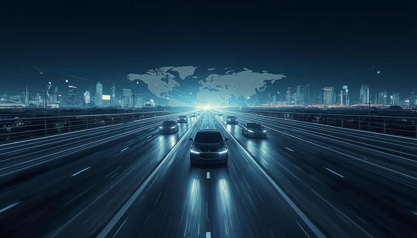 Panoramic view of a smart city at night with futuristic cars and digital light streams, symbolizing the global automotive value chain.influence.