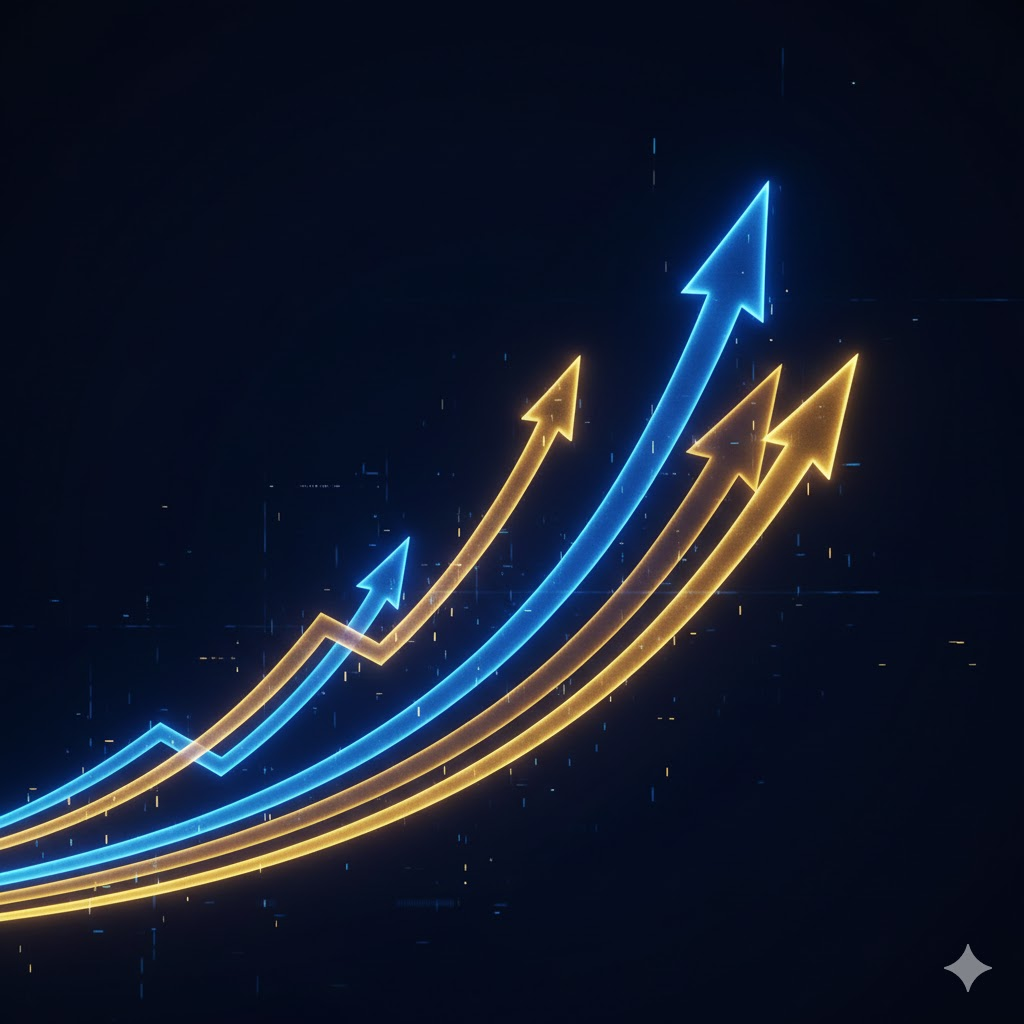 "성공적인 투자의 상승 곡선을 나타내는 추상적인 그래프와 상승 화살표"