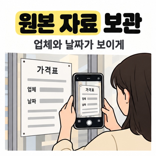 원본 자료 보관 문구 아래 소비자가 업체와 날짜 항목이 있는 매장 가격표 전체를 휴대전화로 촬영하는 모습