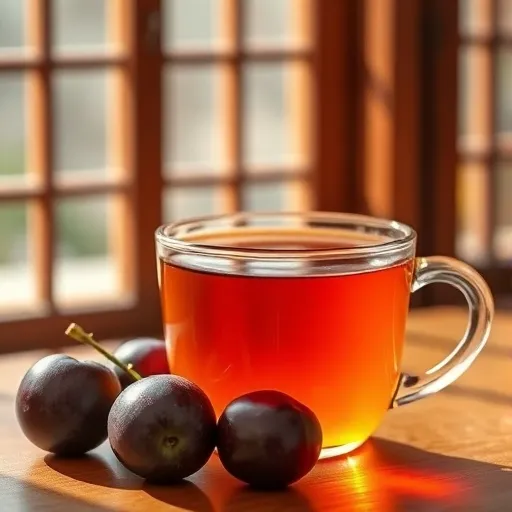 투명한 유리컵에 담긴 따뜻한 매실차가 은은하게 빛나고 있으며, 옆에는 신선한 매실 몇 개가 함께 놓여 있습니다. 배경은 한옥 창문으로 들어오는 햇살처럼 아늑한 느낌입니다.