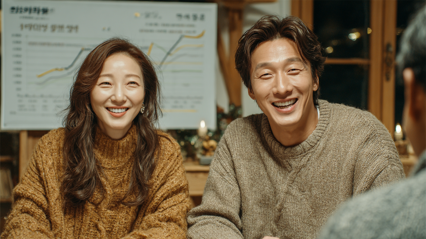 중년 한국 부부에게 금 투자 타이밍 전략을 설명하는 재무 컨설턴트