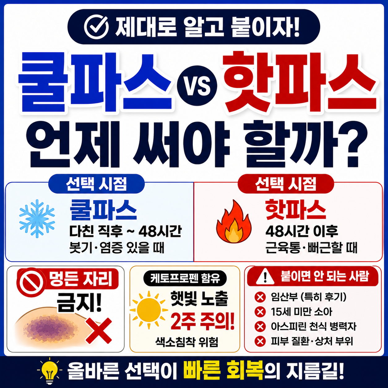 쿨파스 핫파스 선택 시점과 멍든 자리 주의, 케토프로펜 햇빛 2주와 사용 금지 대상