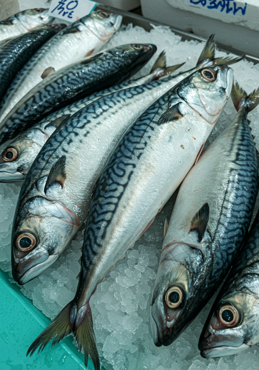 시장의 얼음위에 생고등어 여러마리가 진열되어 있는 실사이미지