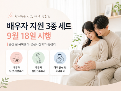 배우자 지원 3종 세트 시행과 출산 전 육아휴직, 배우자 유산&middot;사산휴가, 출산전후휴가 핵심 내용을 정리한 대표 이미지