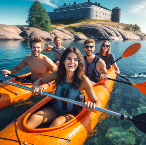 수오멘린나에서 친구들과 카약 타는 사진