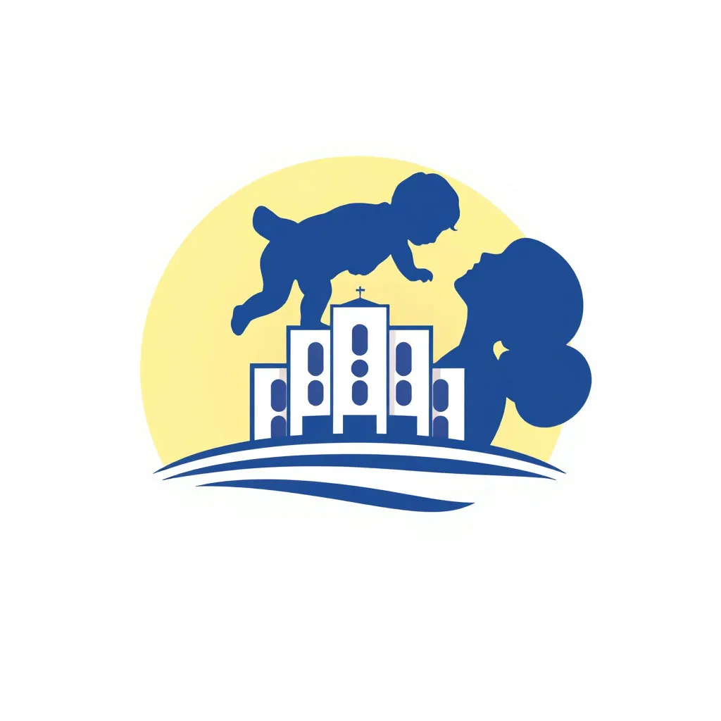 대한민국 공무원을 상징하는 정돈된 건물 또는 문양과 함께 아기 또는 어린아이를 안고 있는 부모의 행복한 실루엣을 모던하게 배치한 디자인입니다. 따뜻하고 희망찬 색감을 사용하여 육아휴직의 긍정적인 의미를 강조합니다.