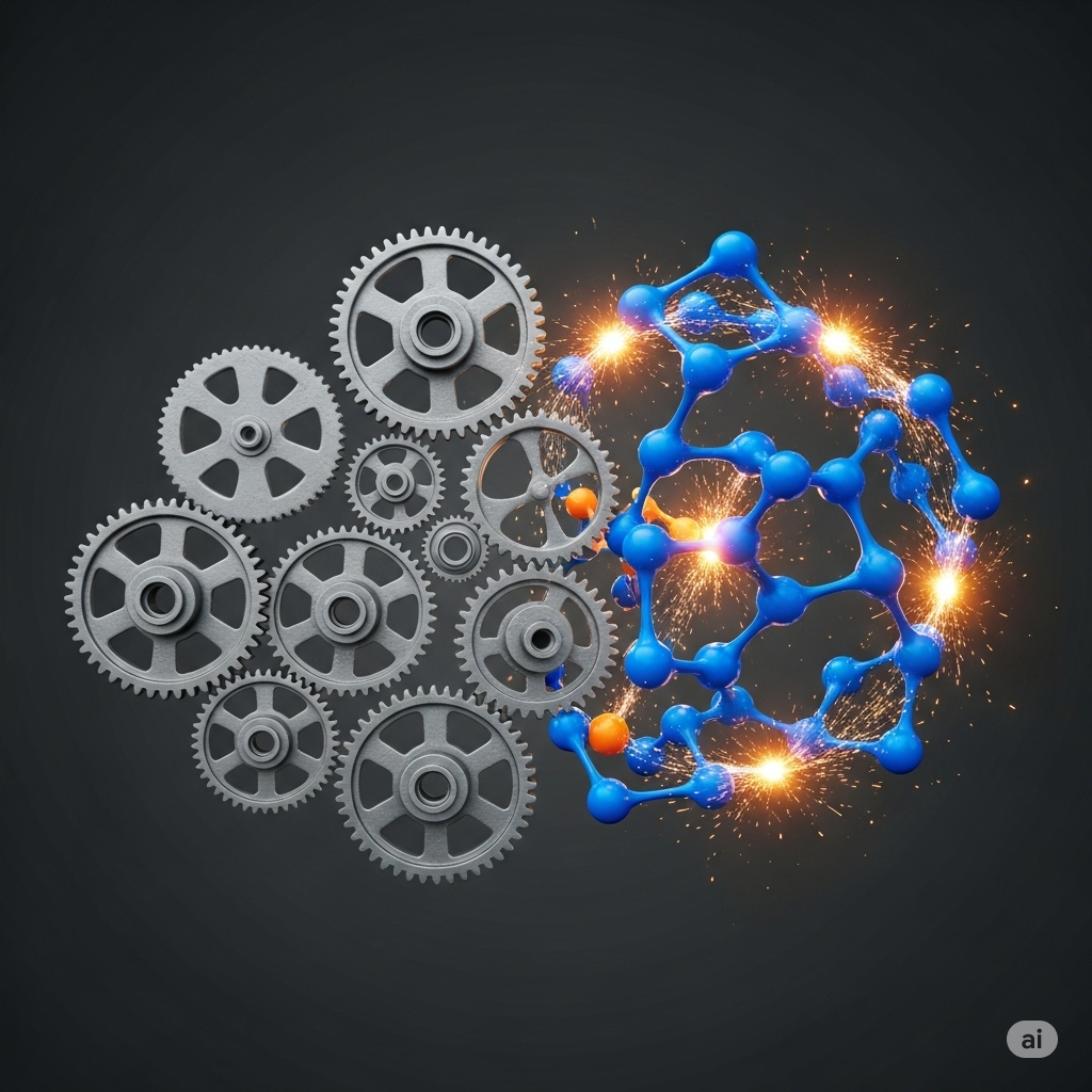 기존의 톱니바퀴와 혁신적인 형태의 연결망을 대비시켜 비즈니스 모델 혁신을 시각적으로 나타냅니다.