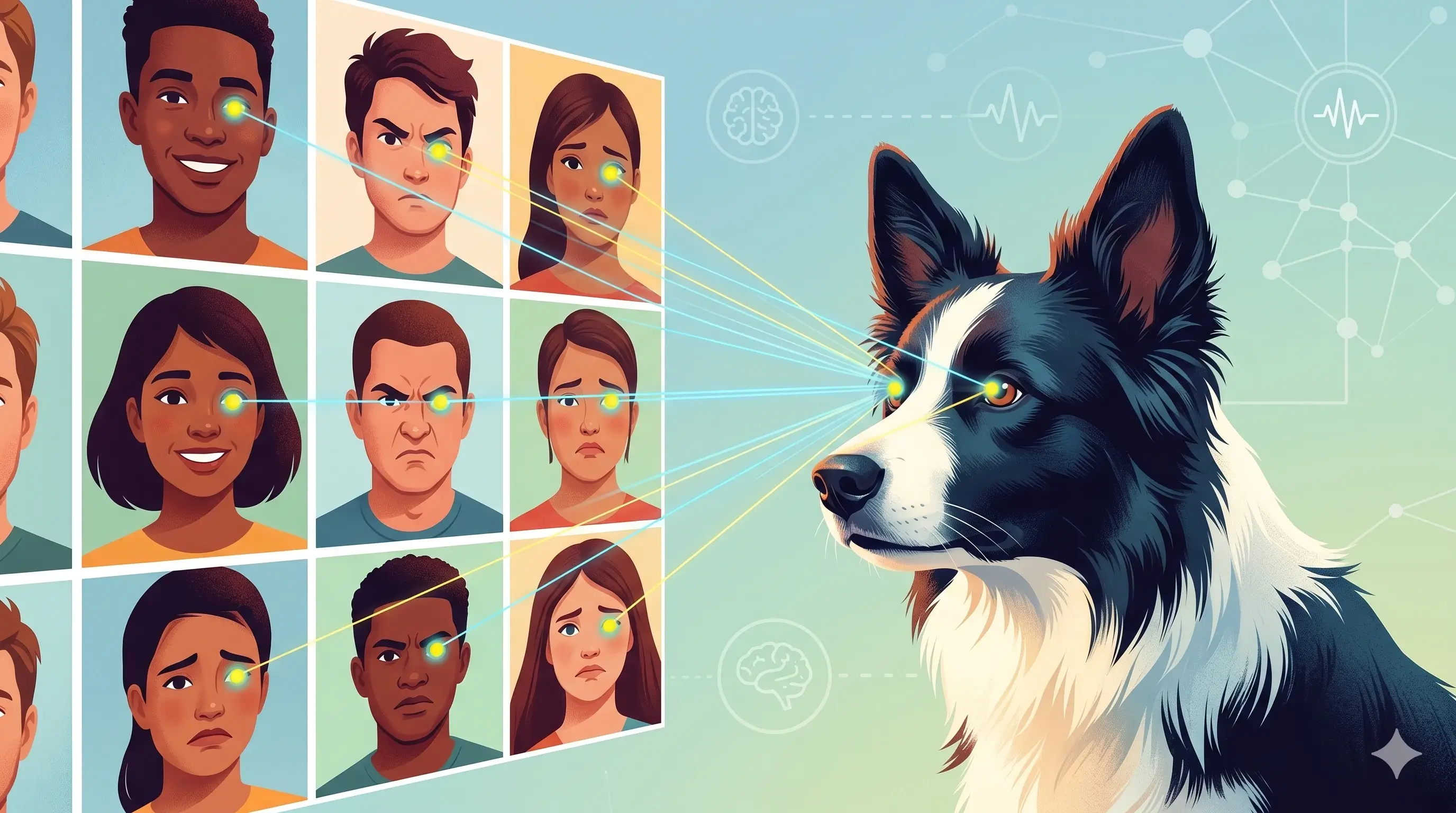 반려견의 안구 추적 데이터를 분석해 강아지가 사람의 얼굴 표정을 읽을 때 시선이 어디에 머무는지 보여주는 과학적인 이미지